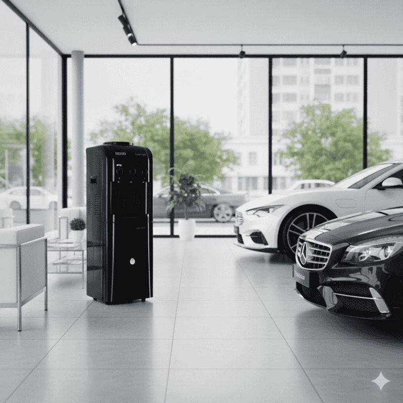 Compact Usha Instafresh floor standing water dispenser in a premium jet black matte texture.