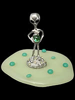 Pewter Alien Figurine on Handmade Jadeite Glass Base with Dark Green Uranium Beads