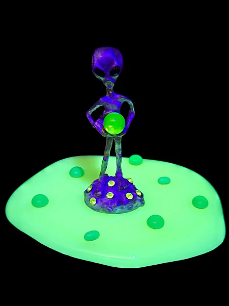 Pewter Alien Figurine on Handmade Jadeite Glass Base with Dark Green Uranium Beads