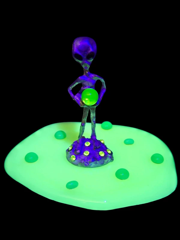Pewter Alien Figurine on Handmade Jadeite Glass Base with Dark Green Uranium Beads