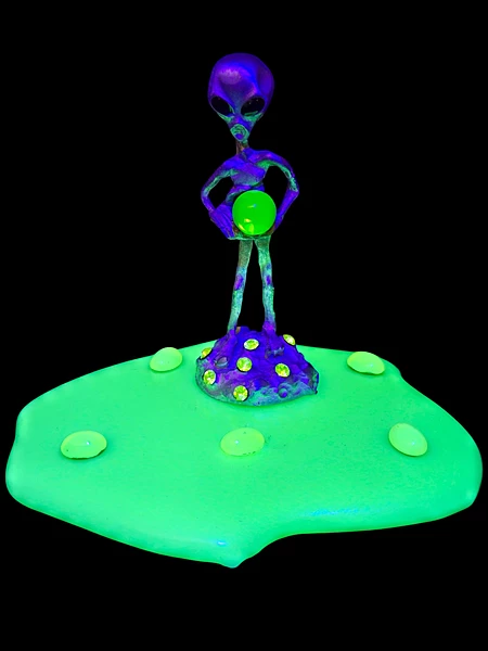 Pewter Alien Figurine on Handmade Jadeite Glass Base with Light Green Uranium Beads