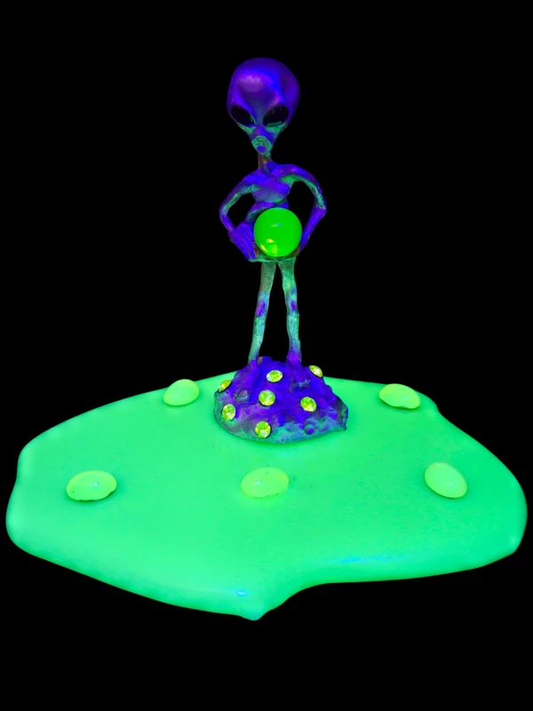 Pewter Alien Figurine on Handmade Jadeite Glass Base with Light Green Uranium Beads