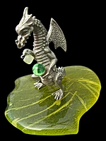Pewter Dragon Figurine on Handmade Vaseline Glass Base