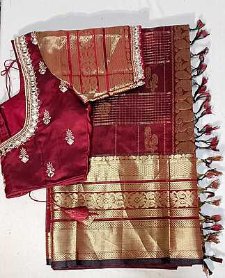 D194: Ready To Ship Beautiful Pure Mangalariri Saree With Stitched Embroidery Work Blouse