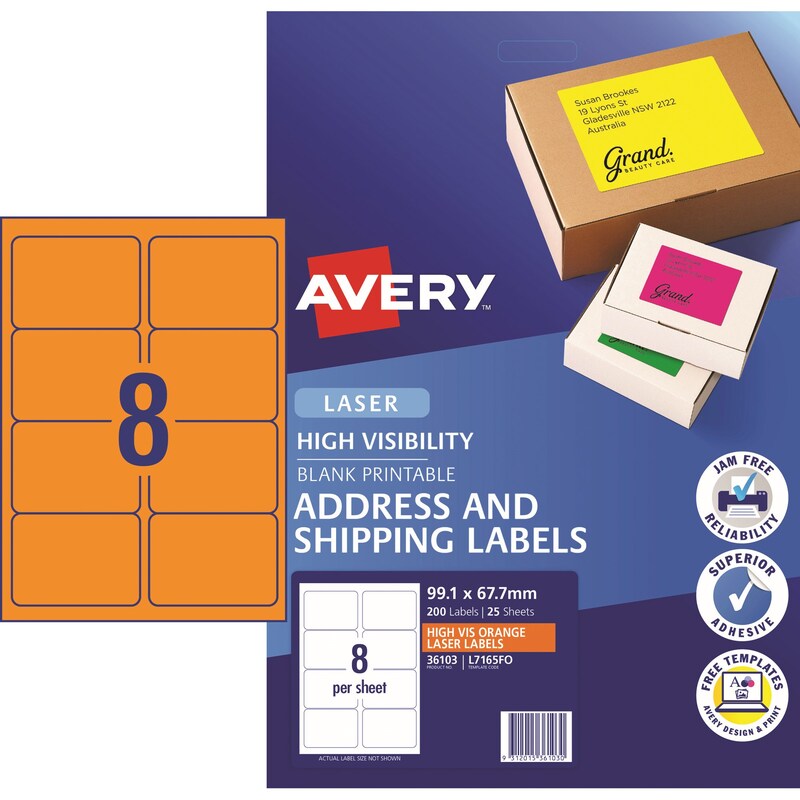 Avery High Visibility Shipping Laser Label Orange L7165FO 99.1x67.7mm 8UP 200 Labels