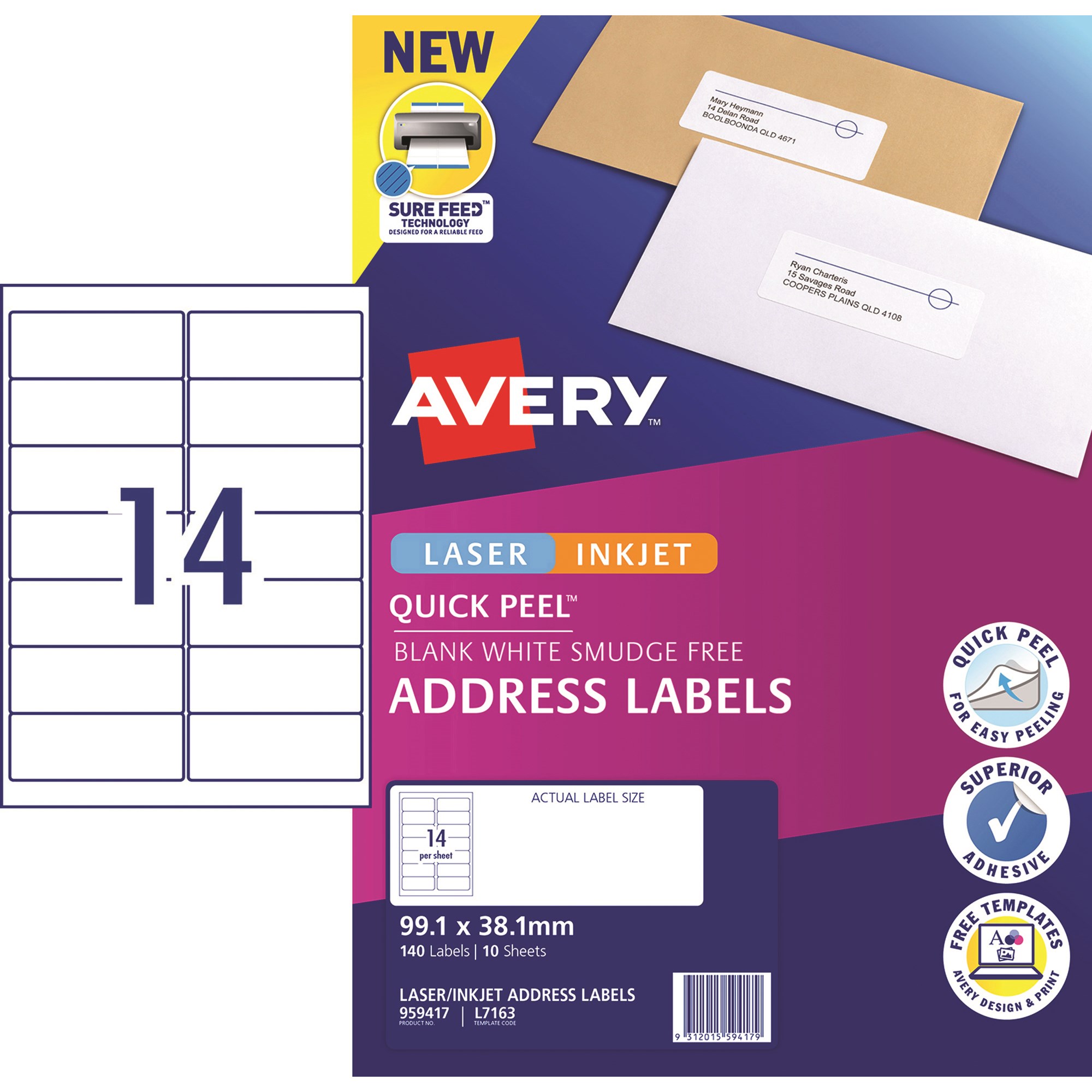 Avery Quick Peel Address Laser & Inkjet Labels White L7163 99.1 x 38mm 14UP 140 Labels