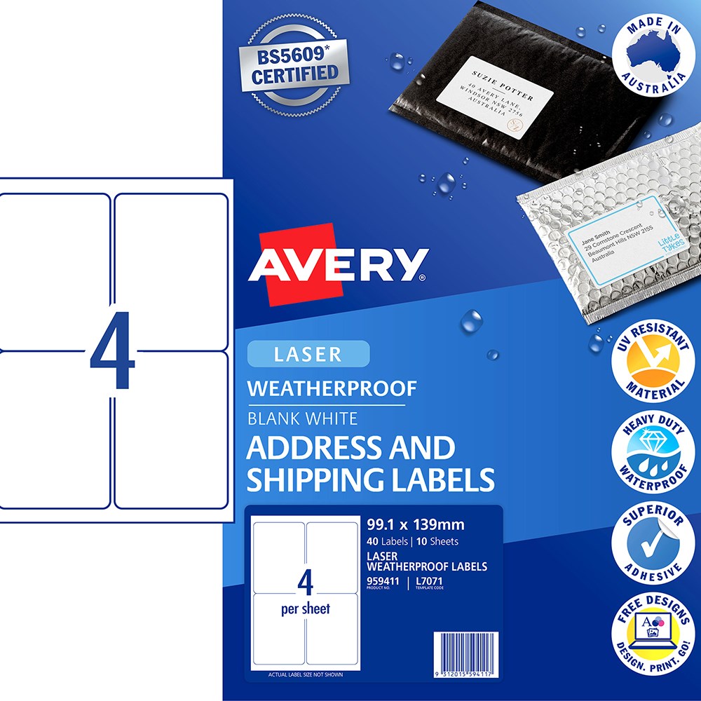 Avery Weatherproof Address & Shipping Laser White L7071  99.1x139mm 4UP 40 Labels