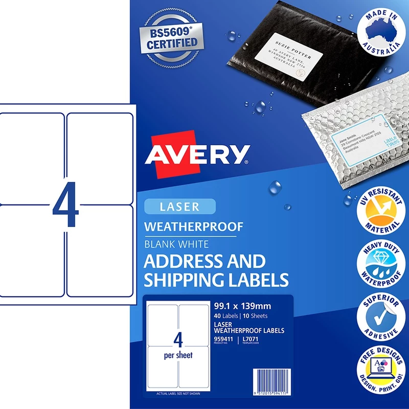 Avery Weatherproof Address & Shipping Laser White L7071 99.1x139mm 4UP 40 Labels
