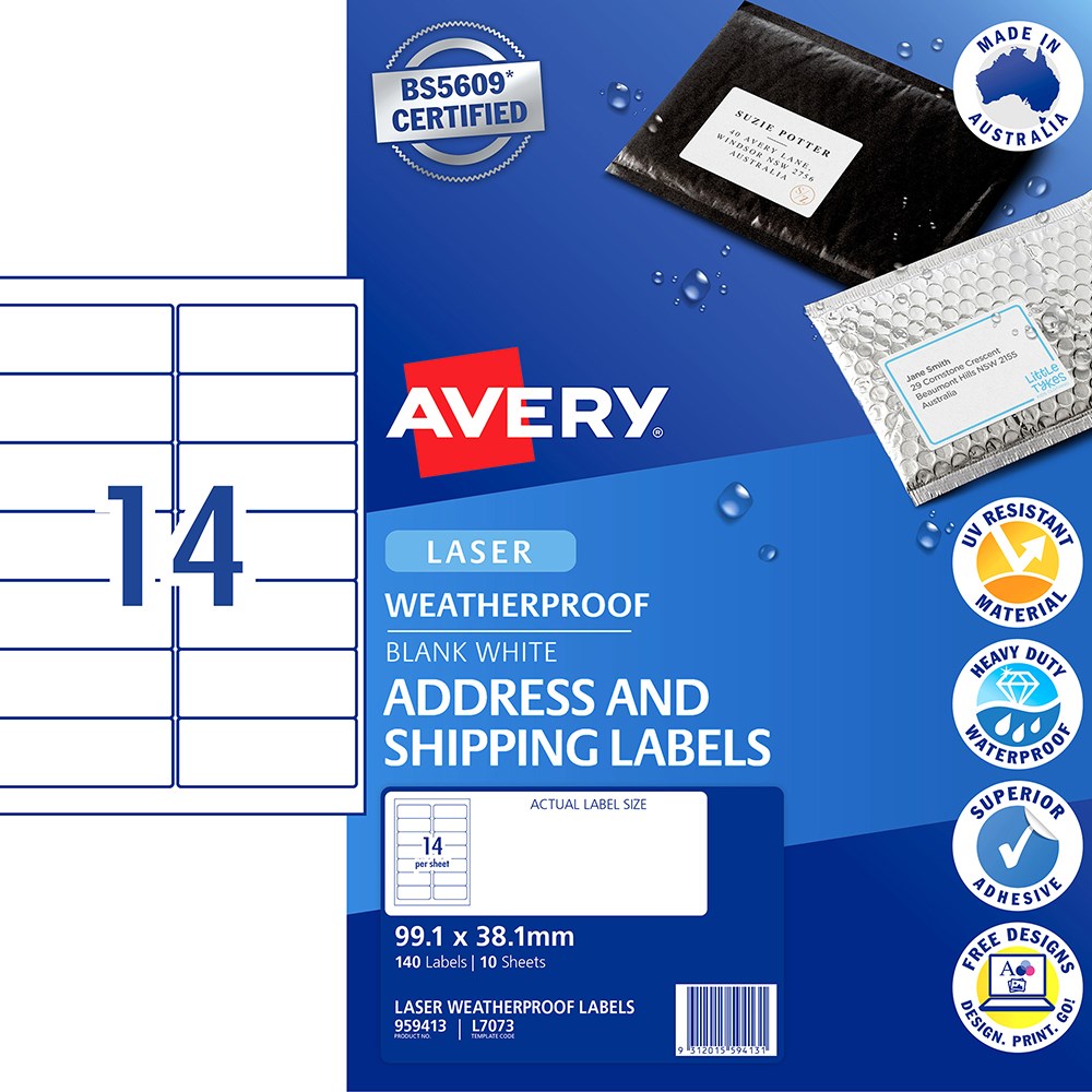 Avery Weatherproof Address & Shipping Laser White L7073  99.1x38.1mm 14UP 140 Labels