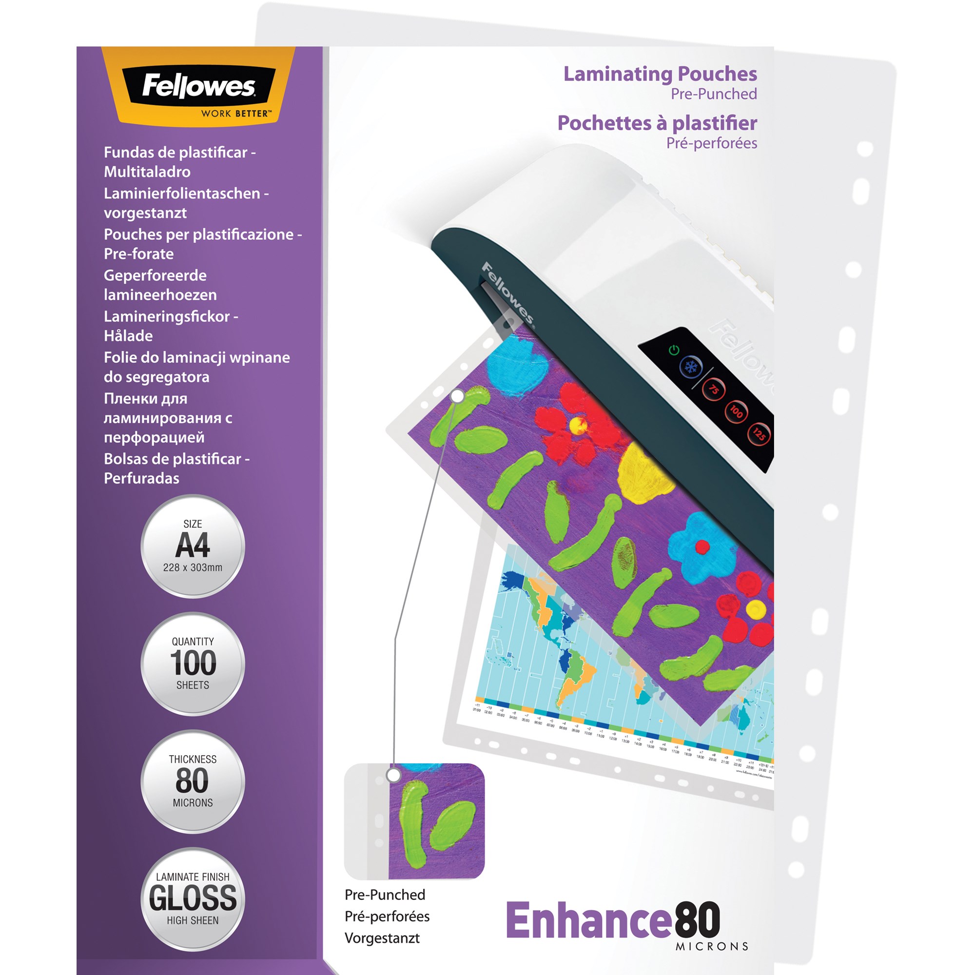 Fellowes Laminating Pouch A4 80 Micron Pre-Punched Gloss Pack  Of 100