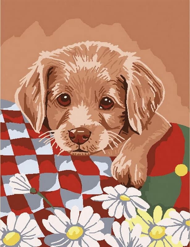 Cucciolo con coperta  Kit ricamo mezzopunto 13x15 cm