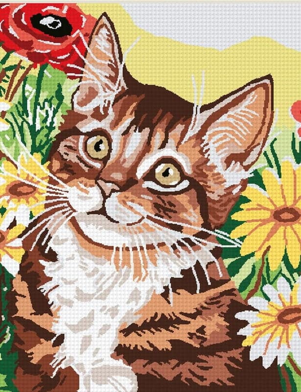 Gatto tra i fiori Kit ricamo mezzopunto 13x15 cm