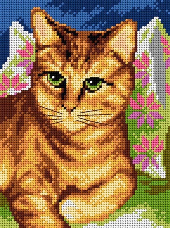 Kit MezzoPunto Gatto con occhi verdi e fiori Kit MezzoPunto Gatto con occhi verdi e fiori