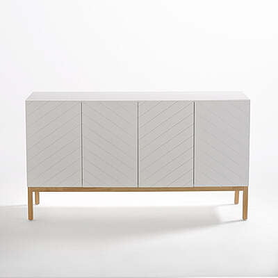 Modern White Sideboard Cabinet with Chevron Pattern – Wooden Legs Storage Unit