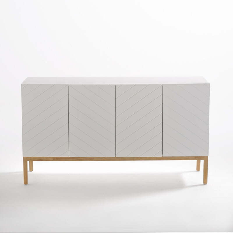 Modern White Sideboard Cabinet with Chevron Pattern – Wooden Legs Storage Unit Modern White Sideboard Cabinet with Chevron Pattern – Wooden Legs Storage Unit
