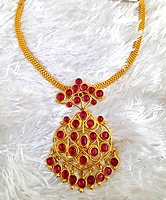 Panchalokam/Copper/Impon One Gram Gold Finish & Real Kempstones Short Necklace/Attigai/Addige