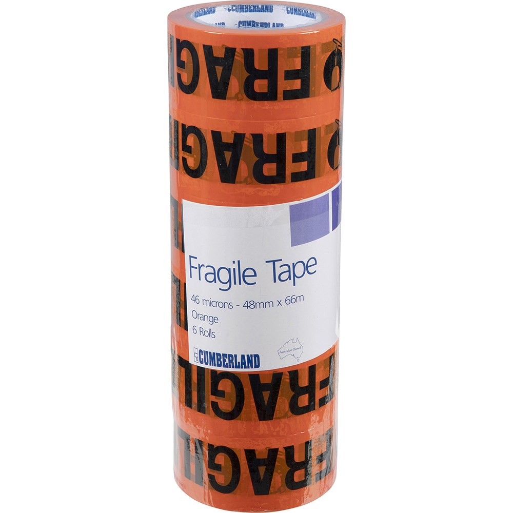 Cumberland Fragile Tape 48mm x 66m Black On Orange Pack  Of 6