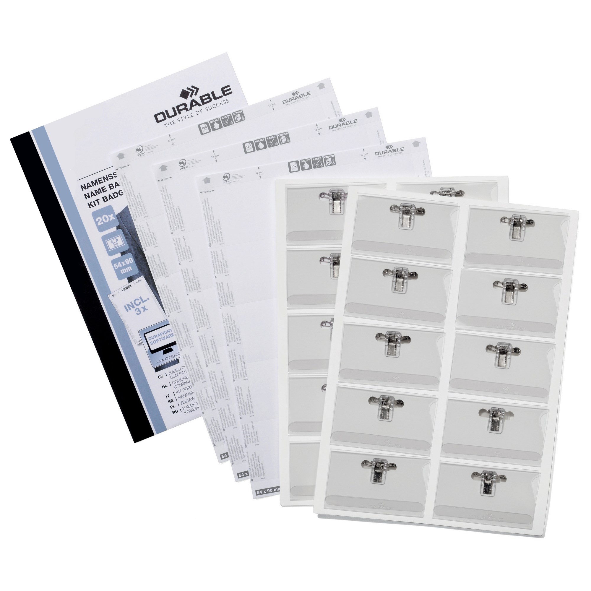 Durable Name Badge Set With Clip And Inserts 54 x 90mm Clear Pack  Of 20