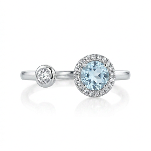 Anillo de Oro Blanco abierto con Aguamarina y Diamantes