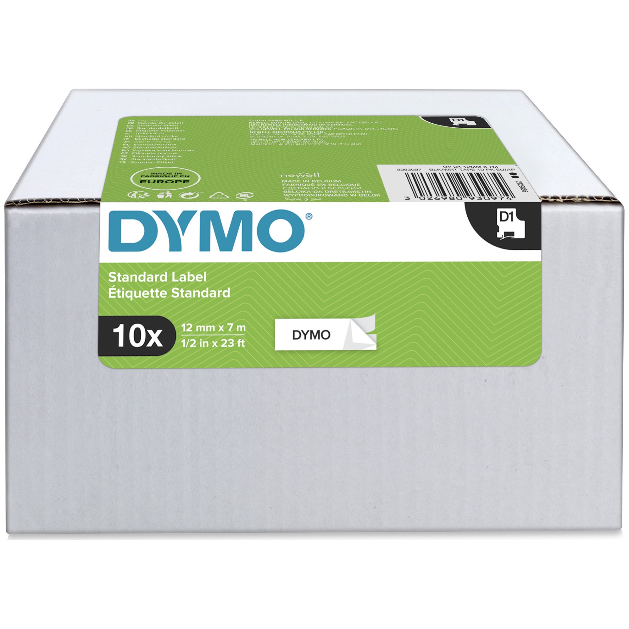 Dymo D1 Label Tape 12mm x 7m Value Pack  of 10 Black On White