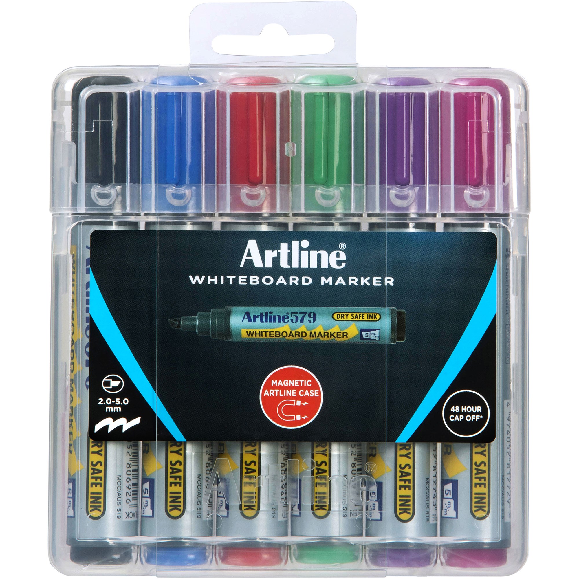 Artline 579 Whiteboard Markers Chisel 2-5mm Assorted Colours Hard Case Pack  Of 6
