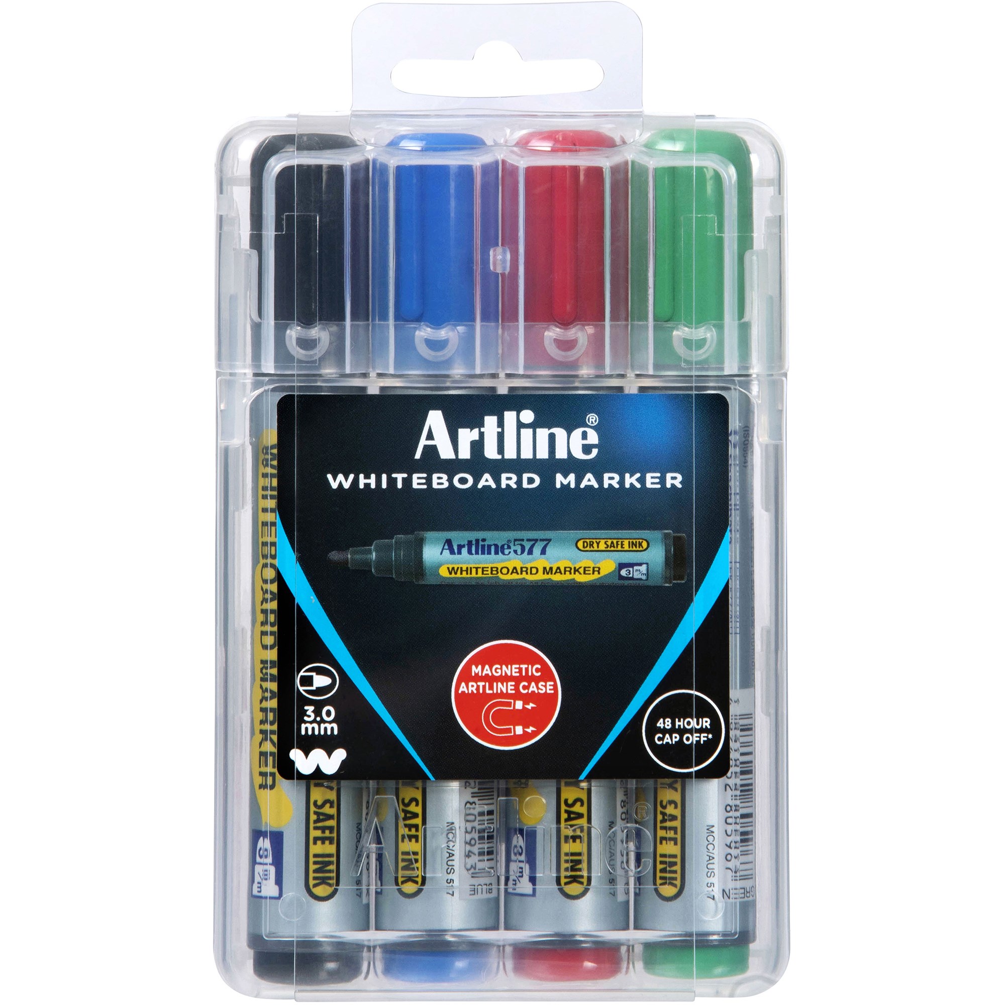 Artline 577 Whiteboard Markers Bullet 3mm Assorted Colours Hard Case Pack  Of 4