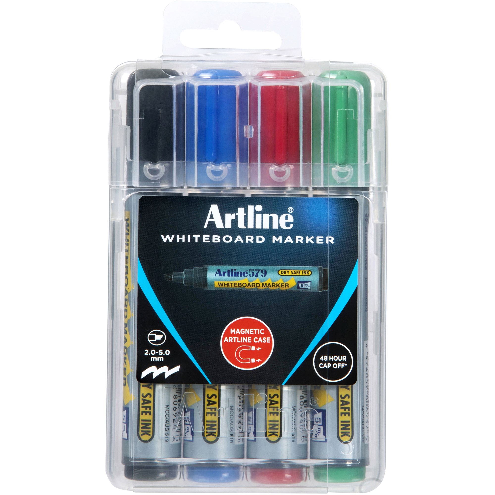 Artline 579 Whiteboard Markers Chisel 2-5mm Assorted Colours Hard Case Pack  Of 4