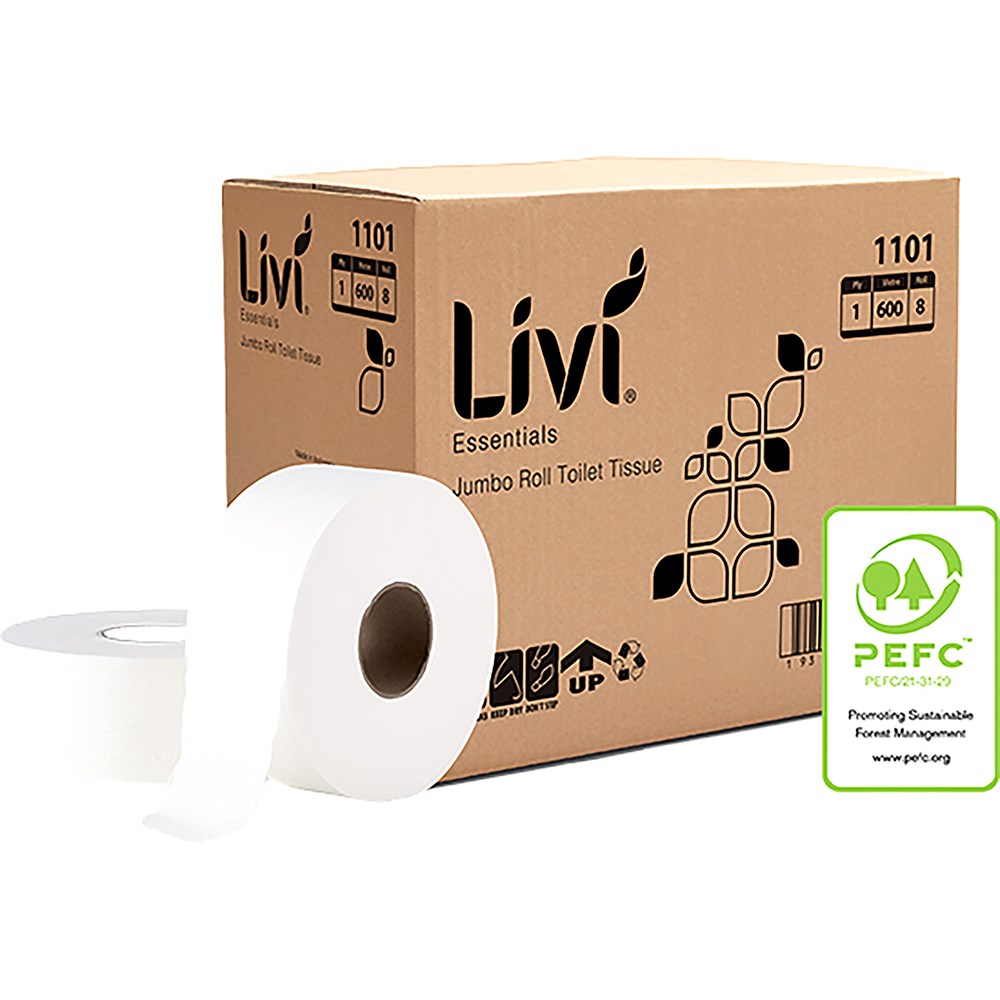 Livi Essentials Toilet Paper Jumbo Roll 1 Ply 600m Box  Of 8
