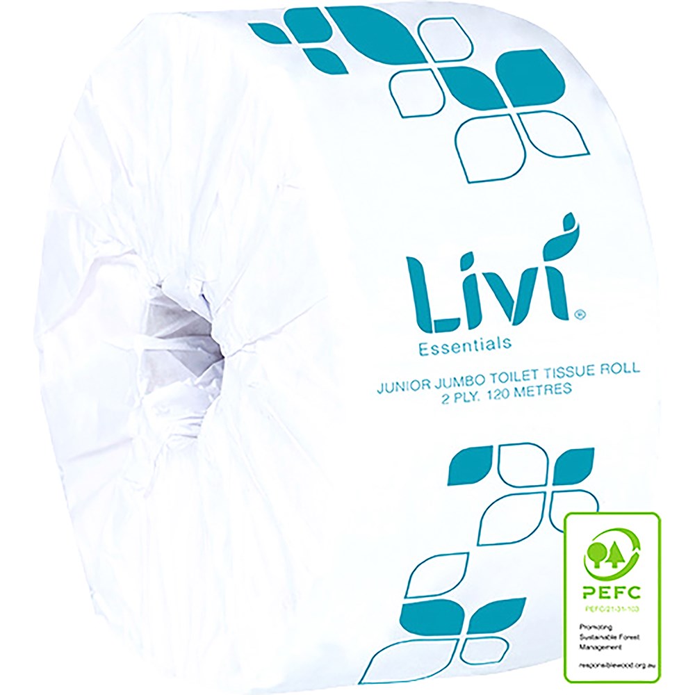 Livi Essentials Toilet Paper 2 Ply Junior Jumbo Roll 120m Box  of 16