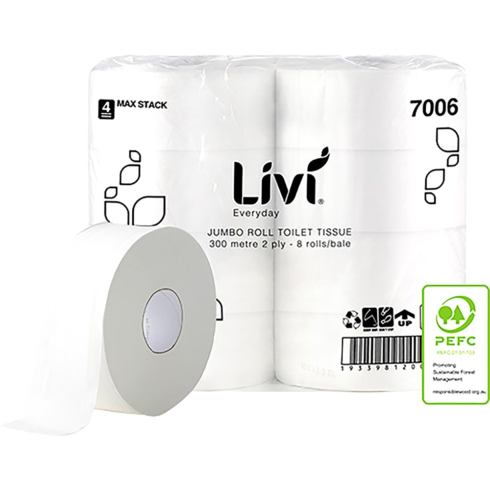 Livi Everyday Toilet Paper Jumbo Roll 2 Ply 300m Pack  Of 8