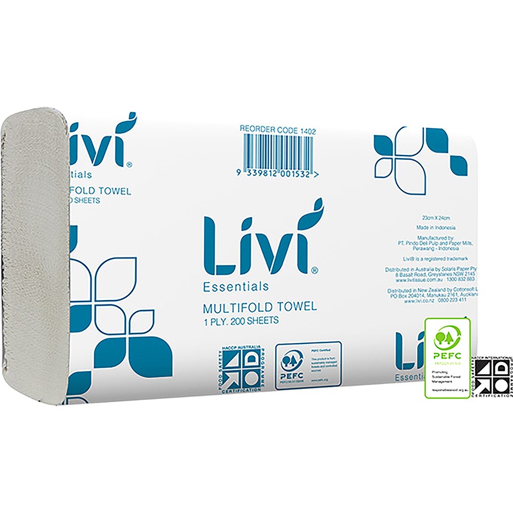 Livi Essentials Hand Towel Multifold 1 Ply 200 Sheet Box  Of 20