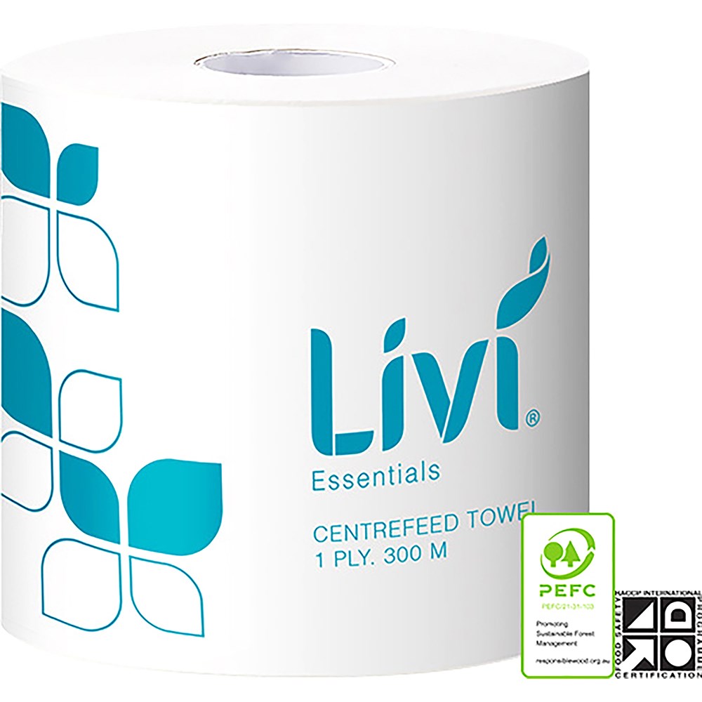 Livi Essentials Hand Towel Centrefeed Roll 1 Ply 300m Box  Of 4