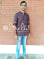 Handwoven Khadi Pure Cotton Men's Shirt-Khadi -Violet Shirt with Check Collar and Cuff /Sleeves Strap