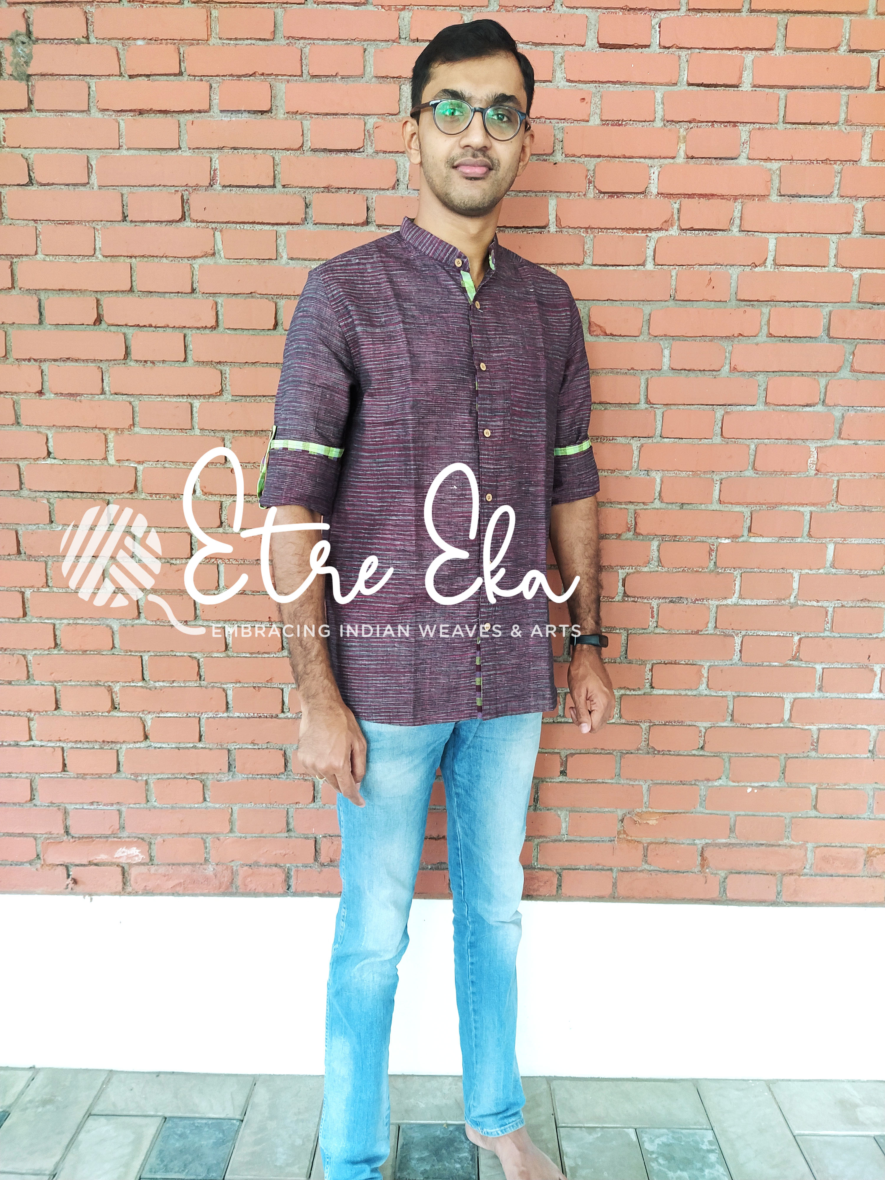 Handwoven Khadi Pure Cotton Men's Shirt-Khadi -Violet Shirt with Check Collar and Cuff /Sleeves Strap