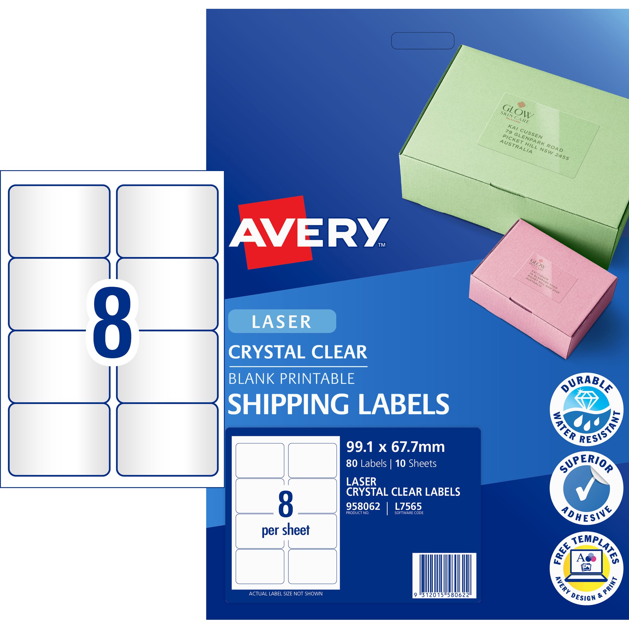 Avery Crystal Clear Laser Address Labels 99.1x67.7mm 8UP 80 Labels 10 Sheets