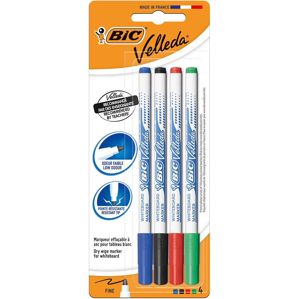 Bic Velleda Whiteboard Marker 1721 Thin Bullet 2.8mm Assorted Pack  of 4