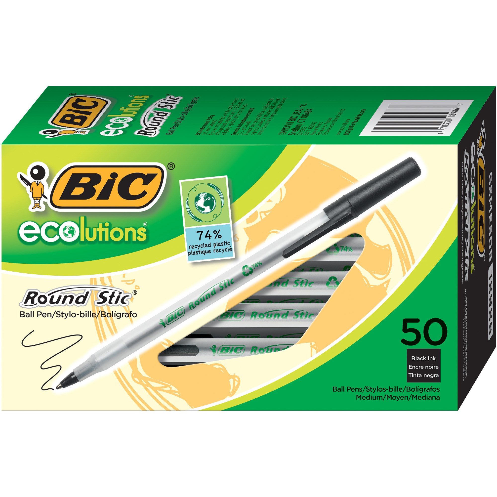 Bic Ecolutions Ballpoint Pen Round Stic Medium Black Box  of 50