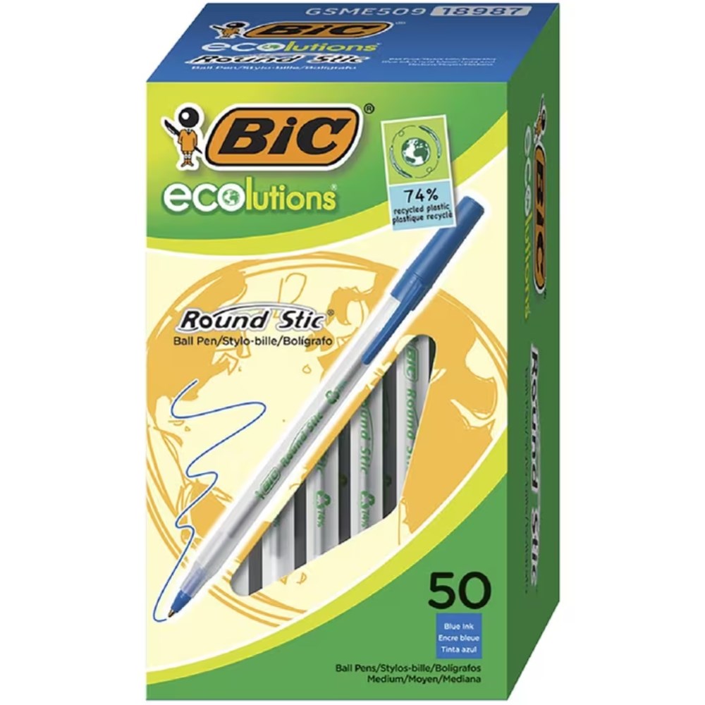 Bic Ecolutions Ballpoint Pen Round Stic Medium Blue Box  of 50