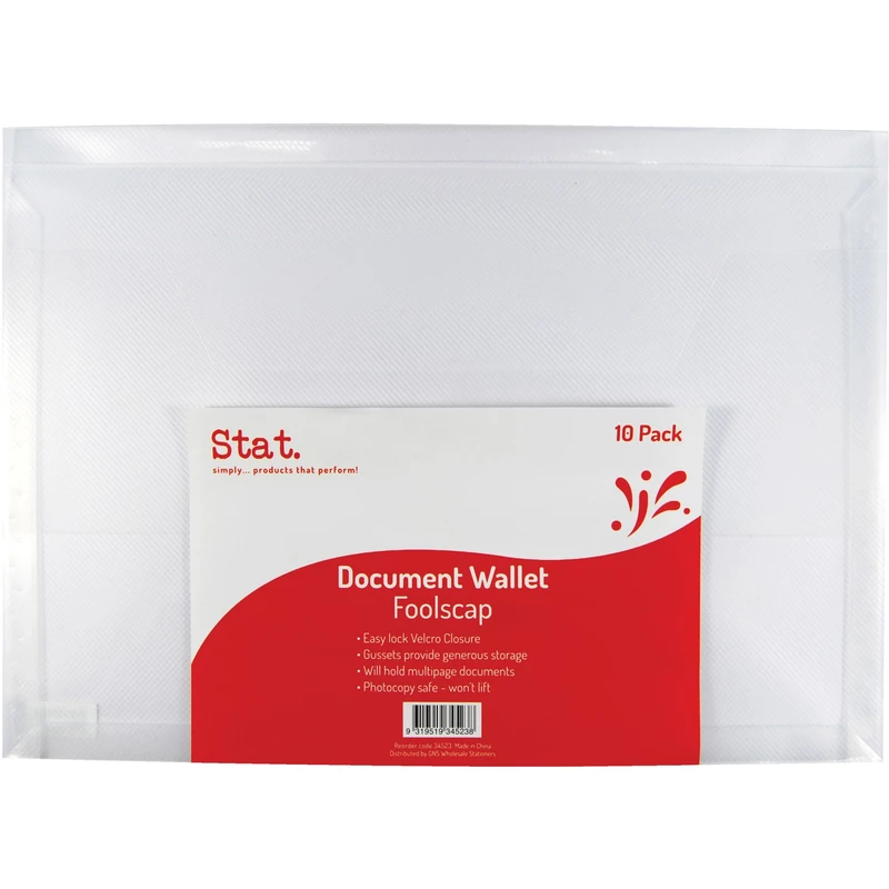 Stat Document Wallet Foolscap Hook and Loop Closure Pack of 10
