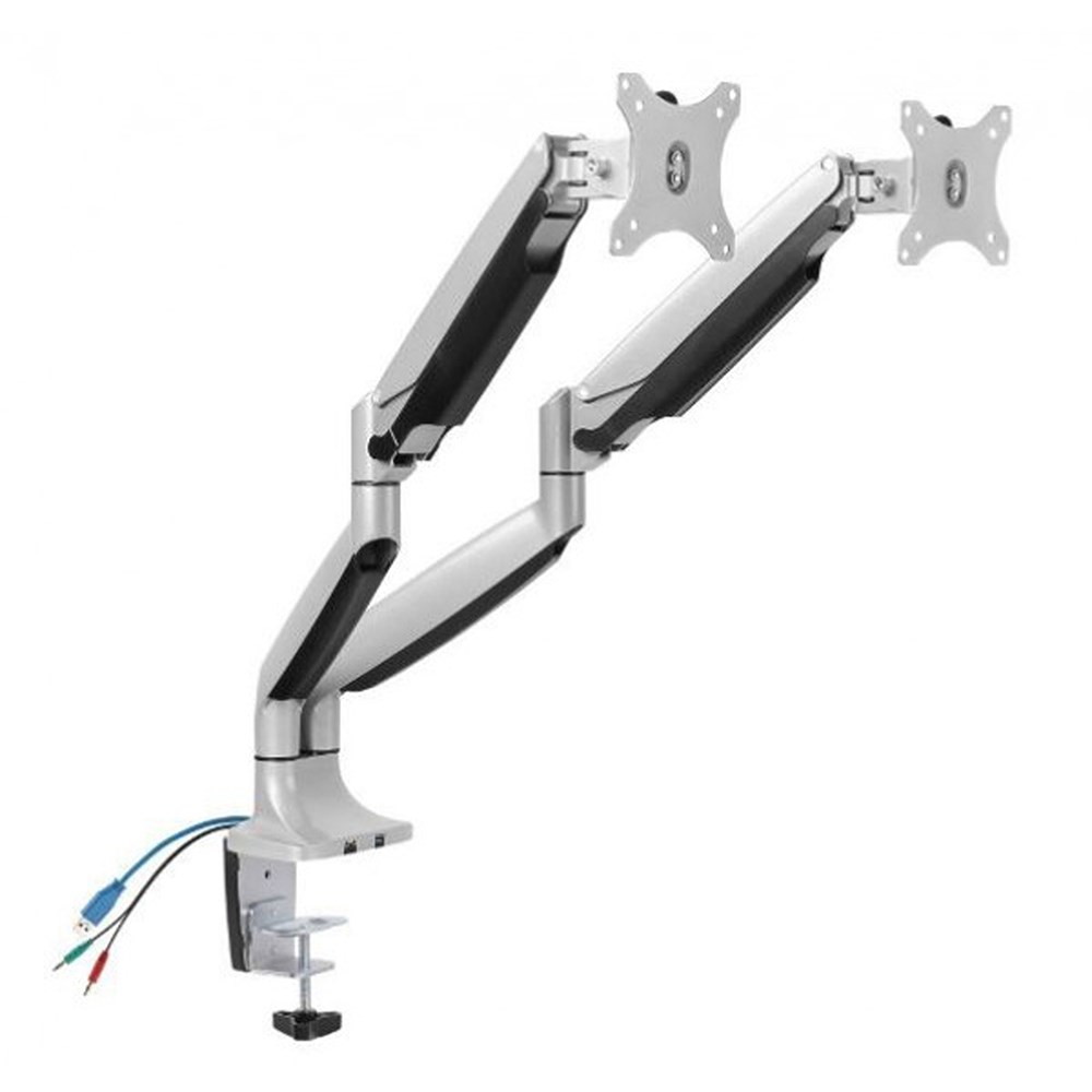 Ergovida Gas Spring Dual Monitor Arm  With USB And Audio Port Silver