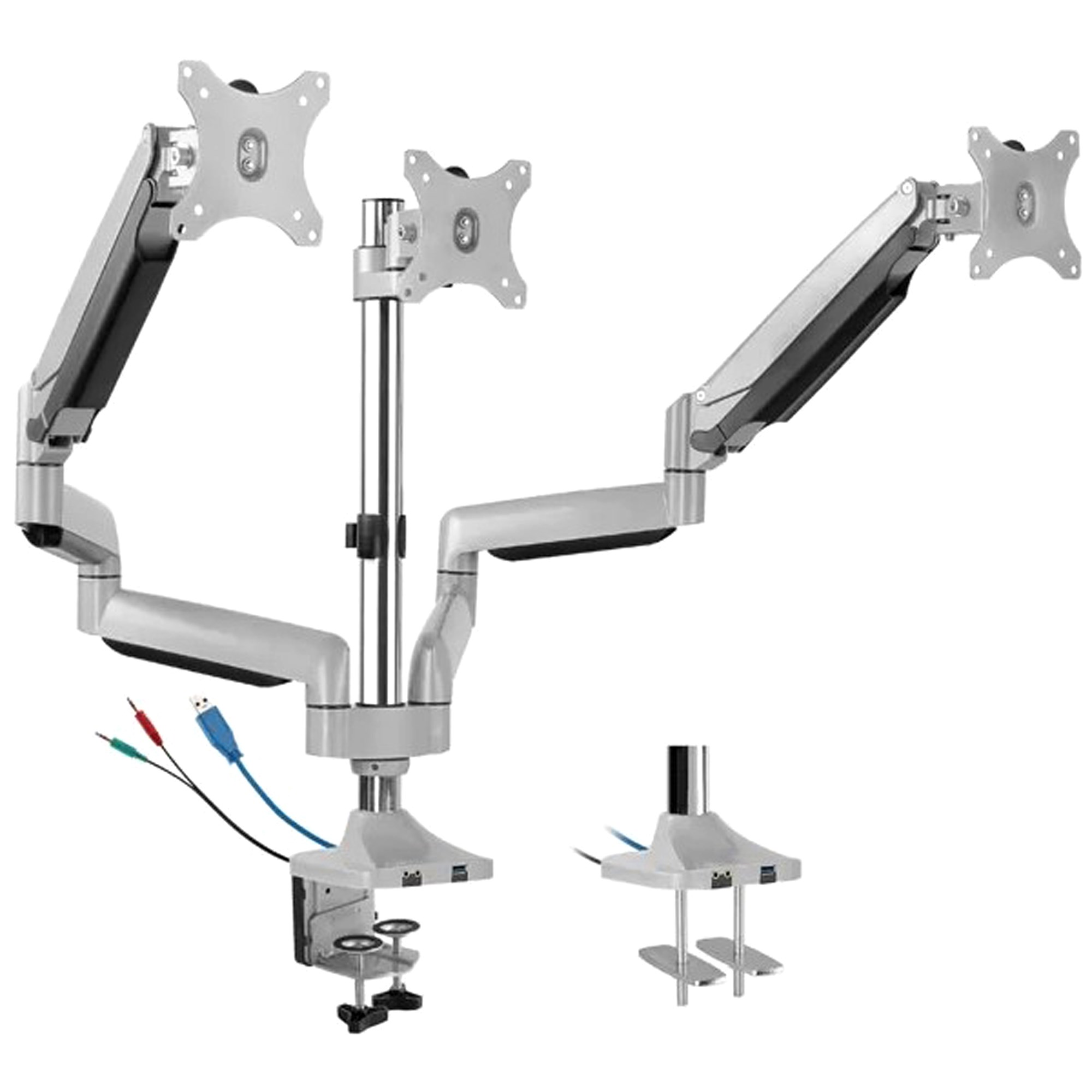 Ergovida Gas Spring Triple Monitor Arm  With USB And Audio Port Silver