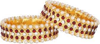 Temple Jewellery Brass Bangles – Gold Plated with Red Kempstones & White Stones - Bridal & Bharatanatyam