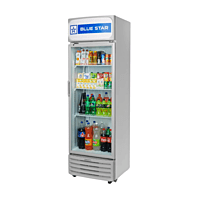 Commercial display refrigerator with a large glass door, Blue Star.