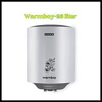 A white Usha Warmboy 25-liter electric storage water heater mounted on a tiled wall. A white Usha Warmboy 25-liter electric storage water heater mounted on a tiled wall.