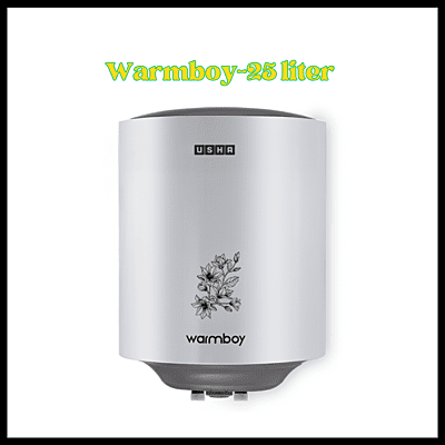 A white Usha Warmboy 25-liter electric storage water heater mounted on a tiled wall.