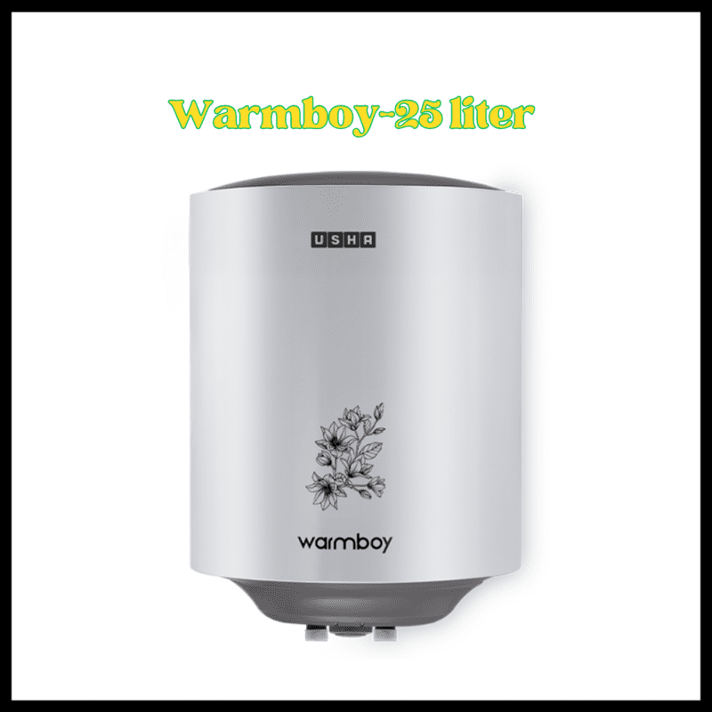 A white Usha Warmboy 25-liter electric storage water heater mounted on a tiled wall. A white Usha Warmboy 25-liter electric storage water heater mounted on a tiled wall.