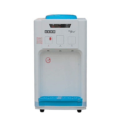 Front view of a compact tabletop water cooler for home, showing its three user-friendly faucets.