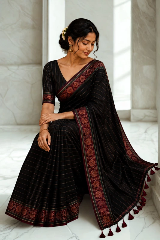 Mul cotton with Kanchi border Black with Red
