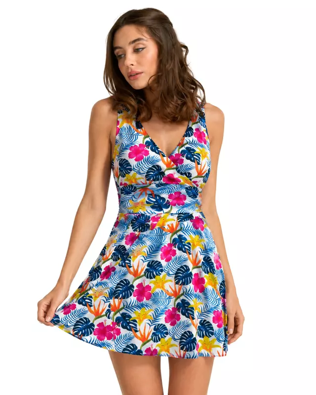 Women's Tropical Floral Print V-Neck Swim Dress