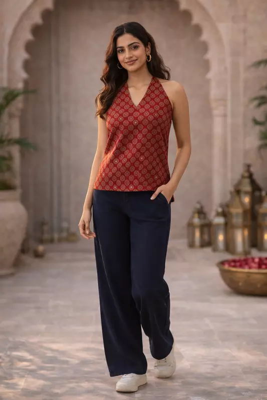 Red Printed Halter Neck Top